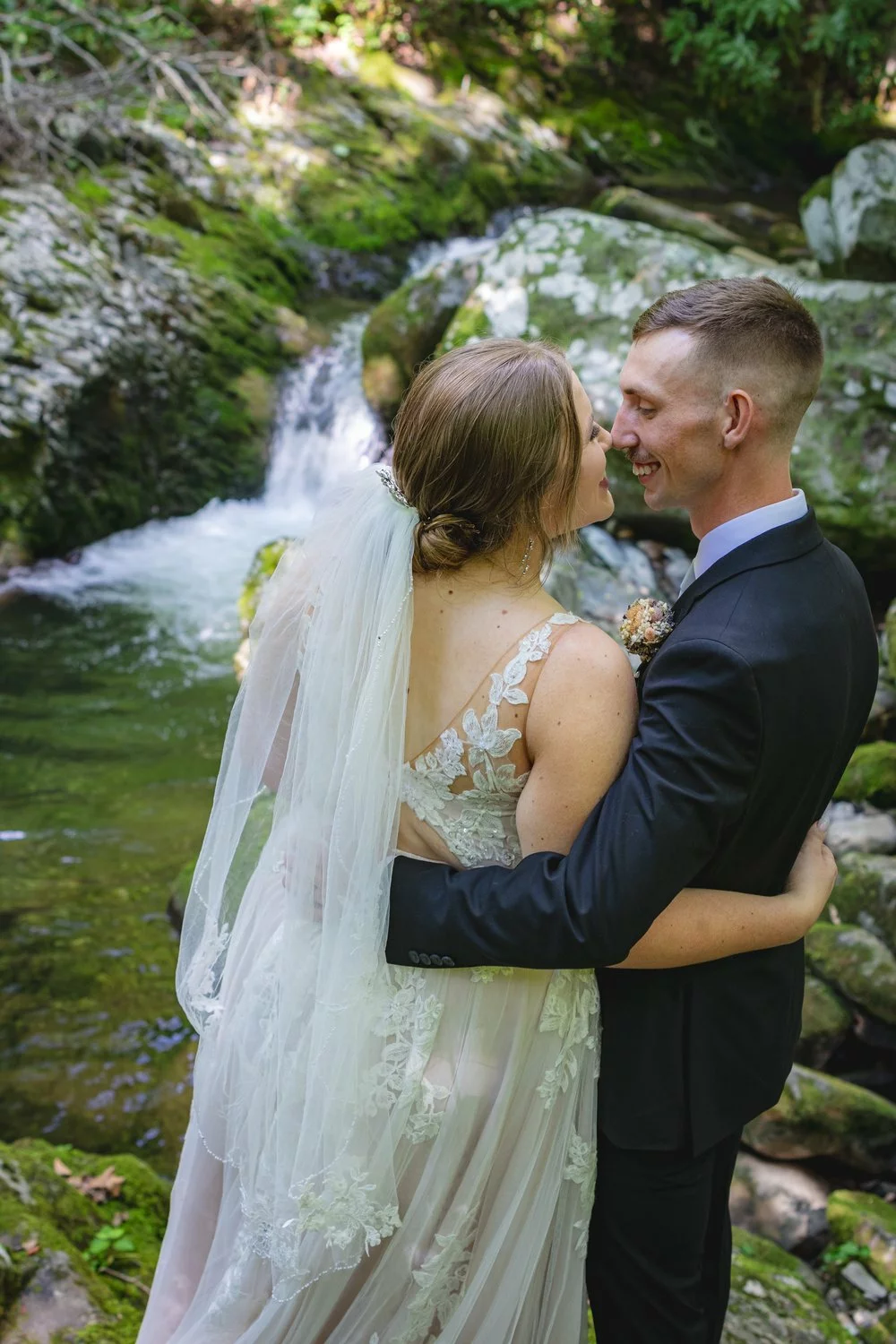bride and groom at forest wedding